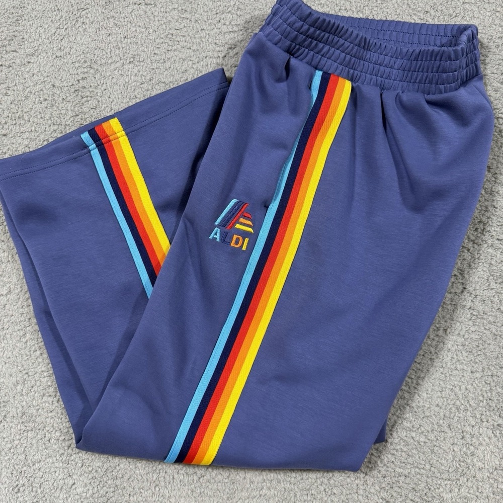 Aldi Gear Wide Leg Sweatpants- Large- Blue Retro Stripe Pull On Lounge Striped